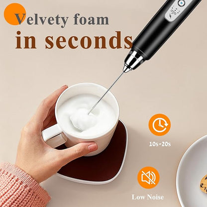 Milk Frother Handheld Rechargeable with Stand, Frother Wand Drink Mixer Electric Whisk for Coffee, Detachable With 3 Stainless Whisks, Hand Mixer for Lattes, Cappuccino, Matcha, Egg, Black
