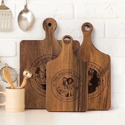 callie Personalized Cutting Board with Photo & Text & Date, Wooden Cutting Board Cheese Serving Tray with Handle, Housewarming Gifts (S, M, L)
