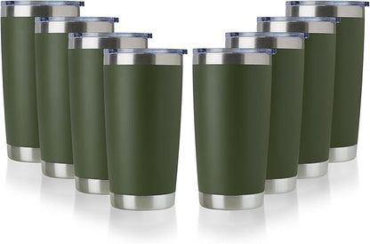 DOMICARE 20oz Stainless Steel Tumbler Bulk with Lid, Double Wall Vacuum Insulated Travel Mug, Powder Coated Coffee Cup, Army Green, 8 Pack