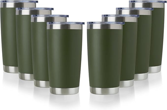 DOMICARE 20oz Stainless Steel Tumbler Bulk with Lid, Double Wall Vacuum Insulated Travel Mug, Powder Coated Coffee Cup, Army Green, 8 Pack