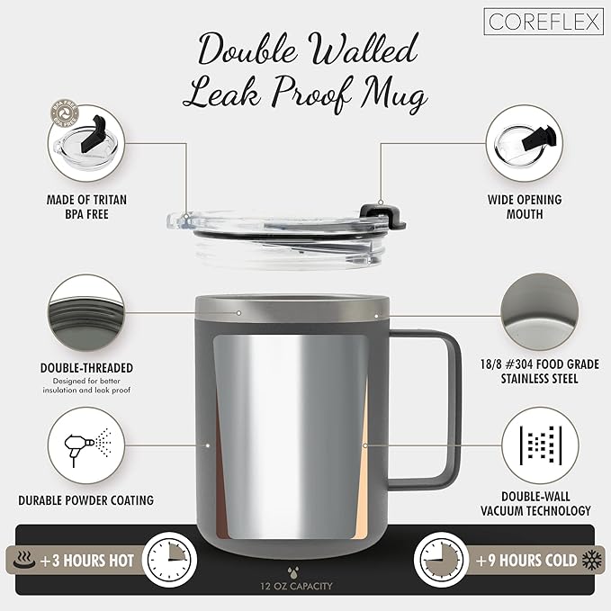 COREFLEX 12 oz Insulated Coffee Mug with Handle & Lid, Stainless Steel Double Walled Vacuum Insulated Tumbler,Travel Coffee Cup Thermal - Home, Office, Travel, Outdoor, Camping
