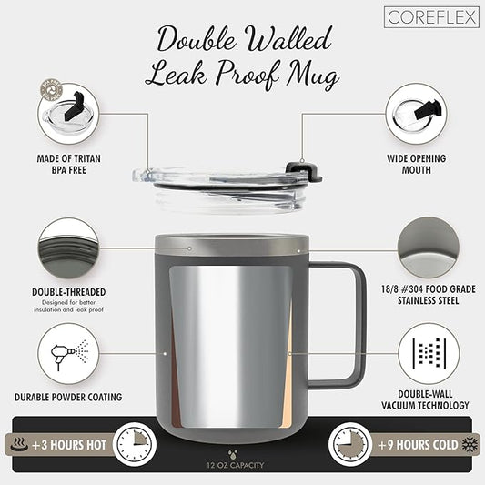 COREFLEX 12 oz Insulated Coffee Mug with Handle & Lid, Stainless Steel Double Walled Vacuum Insulated Tumbler, Travel Coffee Cup Thermal Cup - Home, Office, Travel, Outdoor, Camping