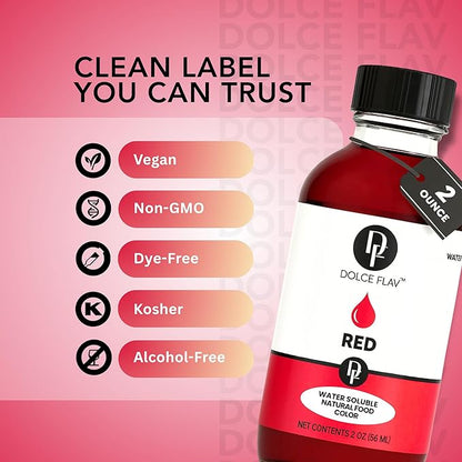 Dolce Flav Natural Red Food Coloring – Vivid Plant-Based Color from Beets | 2 oz Water-Soluble Liquid Dye for Baking, Drinks & Frostings | Graduated Dropper Included | No Artificial Dyes | Kosher | Made in USA