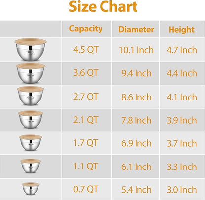 YIHONG 7 Piece Metal Mixing Bowls with Lids for Kitchen, Stainless Steel Set Ideal for Baking, Prepping, Cooking and Serving Food, Nesting Design for Space Saving Storage (Khaki)