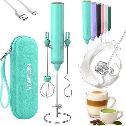 Milk Frother Handheld with 3 Stainless Steel Whisks, Rechargeable Electric Drink Mixer with Stand & Travel Case, Milk Foamer for Coffee, Latte, Cappuccino, Hot Chocolate, Egg,Jam Supplement-Mint