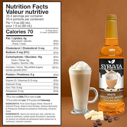 Syruvia White Chocolate Mocha Syrup For Coffee 25.4 Oz. - Kosher & Gluten Free, No Coloring, Perfect for Drinks, Soda, Shakes, Desserts, and More.