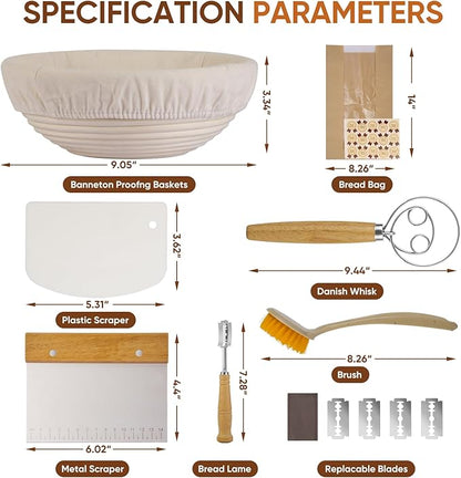 Bread Proofing Basket Set, Round 9" Sourdough Proofing Basket for Bread Making Tools and Supplies, Sourdough Bread Baking Supplies, Ideal Basket Gift Set for Artisan Bakers