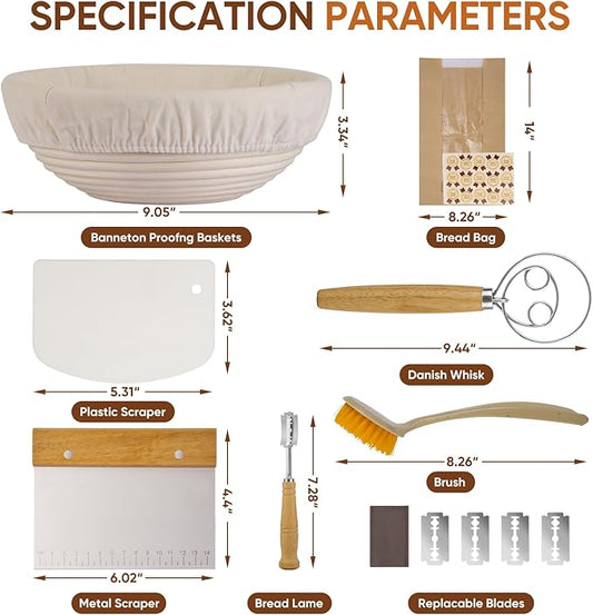 Bread Proofing Basket Set, Round 9" Sourdough Proofing Basket for Bread Making Tools and Supplies, Sourdough Bread Baking Supplies, Ideal Basket Gift Set for Artisan Bakers