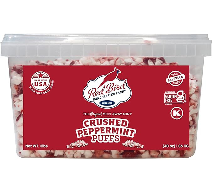 Red Bird Crushed Peppermint Puffs, Soft Crushed Peppermint Candy Topping for Baking, Ice Cream & Drinks, 3 lb Tub
