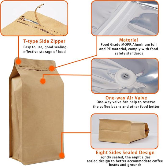 Coffee Bags with Valve (50 PCS,16oz/1lb) Kraft Paper High Barrier Aluminum Foil Flat Bottom Standing Coffee Beans Storage Packaging Bags,Reusable Heat Seal Side Zipper Pouches for Small Business&Home