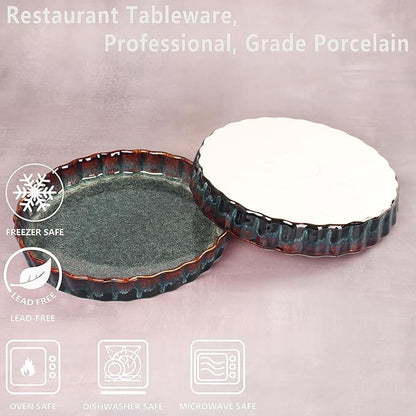 Ceramic Pie Pan Quiche Baking Dish, 11 Inch Round Ruffled Edge Au Gratin Baking Dishes, 1.4 Quart Non-Stick Pie Dish, Tart Pan, Pie Plate for Apple, Oven, Dishwasher and Microwave Safe