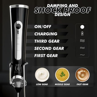 Rechargeable Handheld Milk Frother - Electric Foam Maker - Portable Coffee Frother Wand with 2 Heads - Stainless Steel Electric Whisk for Coffee, Latte, Cappuccino, Macchiato, Hot Chocolate (Black)