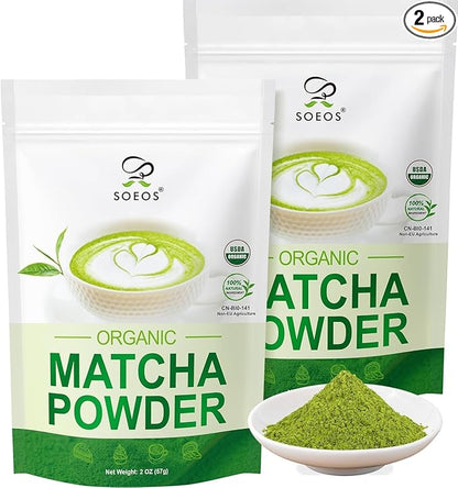 Soeos Organic Matcha Powder, Matcha Green Tea Powder, 2 oz (2 Pack), Total 4 oz, Antioxidant-Rich Japanese Matcha for Lattes, Smoothies and Baking, Recyclable Bags