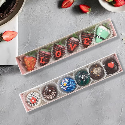 50Pack Strawberry Boxes - 12x2.2x2 Inch with Clear Window for Macaron, Chocolate Truffle, Cookie & Bakery Boxes