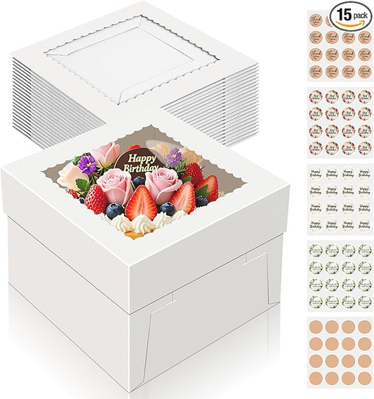 15 PCS Cake Boxes 8 Inch, 8x8x8 Inch Cake Box, 8 Inch Cake Box with Window, White Bakery Boxes, Large Baking Boxes, Cajas Para Pasteles, 8x8 Cake Boxes for Birthday, Wedding, Party, Business