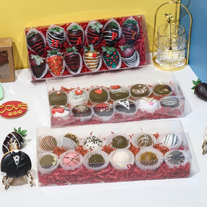 RomanticBaking 12PCS 12x5x2 Inch Clear Treat Boxes for Chocolate Covered Strawberries, Cocoa Bombs, Donuts, Muffins, Pastries, Bakery, Cookie, Macaron, Gift Boxes for Party Favors