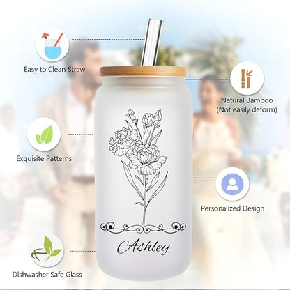 Mason Life Personalized Glass Cup with Name-Can Shaped Glass with Lids and Straws-18OZ Iced Coffee Cups (Birthflower)