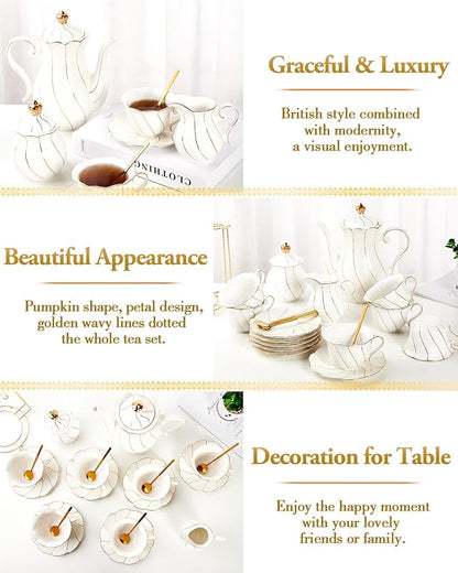DUJUST 22 pcs White Porcelain Tea Set for 6, Luxury British Style Tea/Coffee Cup Set with Golden Trim, Beautiful Tea Set for Women, Tea Party Set, Gift Package (With a Stand)