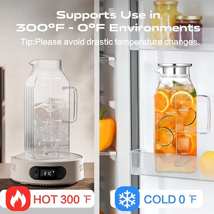 Aofmee 68oz Glass Pitcher for Bridge Door, 2 Liter Square Water Pitcher with Lid and Scale Line, Heat Resistant Tea Pitchers, Leak Proof Juice Jug, Borosilicate Glass Carafe for Hot/Cold Beverage