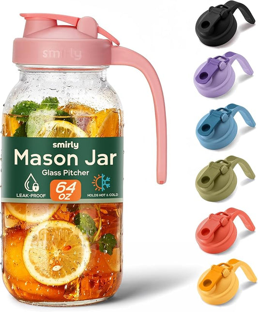 SMIRLY 64 oz Mason Jar Pitcher,Glass Pitcher with Wide Mouth,Water Jug with Double Leak Proof Lid for Iced Coffee,Hot Water,Breast Milk