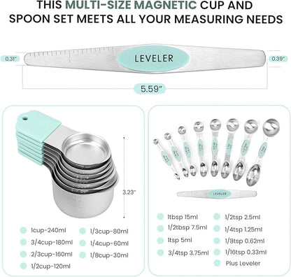 Magnetic Measuring Cups and Spoons Set-Heavy Duty 304 Stainless Steel，Double Measurement Markings，Set of 16 with Leveler for Measure Dry and Liquid Ingredients (Mint)