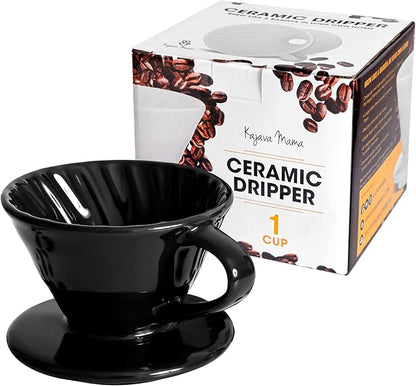 Pour Over Coffee Dripper - Ceramic Slow Brewing Accessories for Home, Cafe, Restaurants - Easy Manual Brew Maker Gift - Strong Flavor Brewer - V01 Paper Cone Filters - Black, 1 Cup