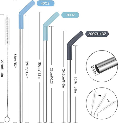 Tomorotec 6-Pack Reusable Stainless-Steel Straws with Silicone Tips, 3 Sizes Compatible with Stanley Tumblers 40OZ 30OZ 20OZ 14OZ, Dishwasher Safe, Includes 2 Cleaning Brushes (Ocean Gradient)