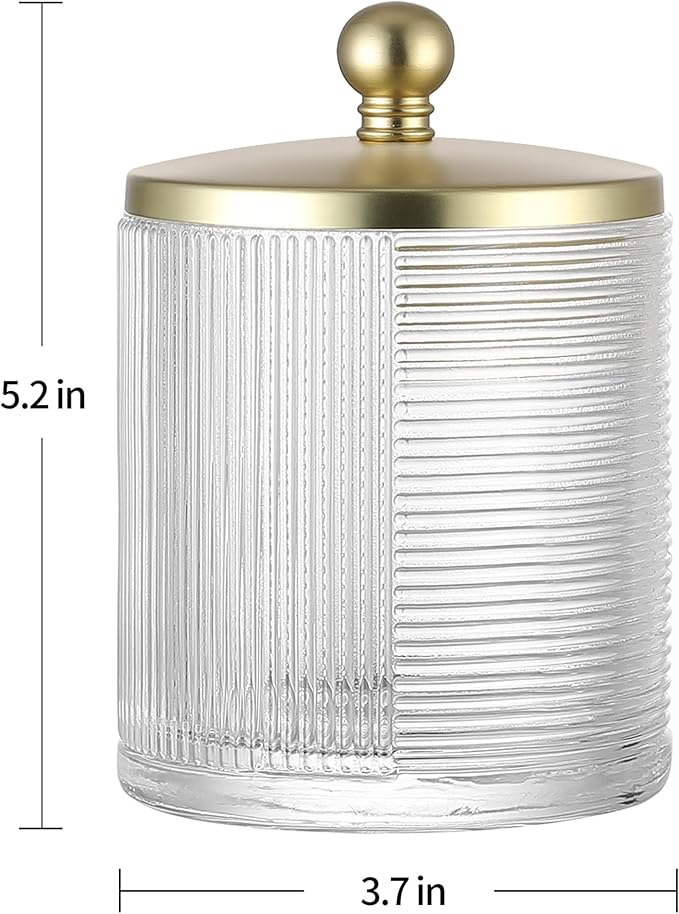 Glass Cotton Jar Holder Matte Gold Lid, Elegant Bathroom Storage Canister for Qtips, Cotton Balls, Floss, Makeup Organizer, Vanity Bathroom Organization