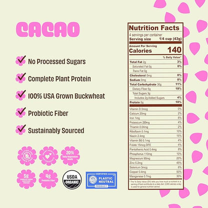 Lil Bucks Sprouted Regeneratively Grown Buckwheat Seeds– Paleo Cereal, Gluten-Free Granola, High in Protein, Low Sugar, Organic Superseed Crunch (CACAO, 6 Pack)
