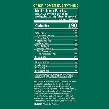 Crisp Power Protein Pretzels, Everything, High Protein Vegan Keto Snack, 28 G Plant Based Protein, Low Carb Crunchy Pretzel Snacks, No Added Sugar, No Seed Oils, 1.75 oz Bags, 6 Pack