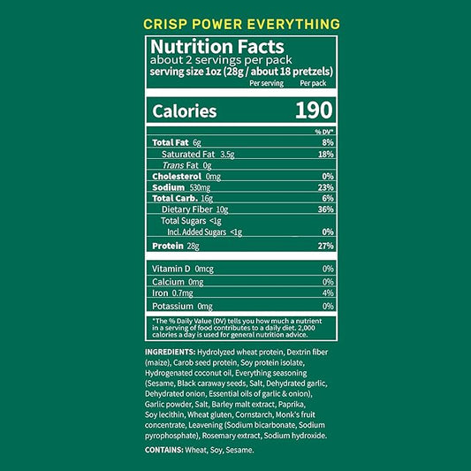 Crisp Power Protein Pretzels, Everything, High Protein Vegan Keto Snack, 28 G Plant Based Protein, Low Carb Crunchy Pretzel Snacks, No Added Sugar, No Seed Oils, 1.75 oz Bags, 6 Pack
