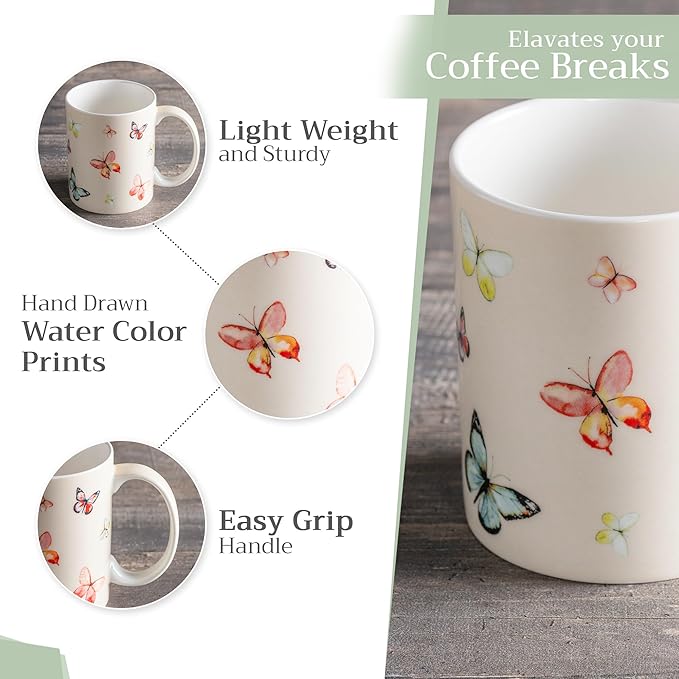 Maison d' Hermine Coffee Mug with Handles Fine Bone China Mugs Pack of Two Tea Cups for Hot Beverages Cappuccino Latte Home Restaurant Office Perfect for Gift (Botanical Fresh, 12 Ounce)
