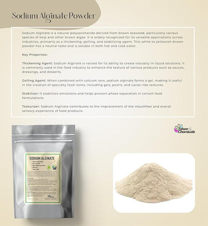 Sodium Alginate (8 Ounce / 226 Grams) Pure Sodium Alginate Powder Food Grade Powder for Thickening, Perfect for Making Luxurious Caviar Spheres, Desserts, Meatloaves by Talsen Chemicals (8, Ounces)