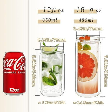 LIBWYS 12oz 4pcs Double Wall Glass Cups with Bamboo Lids and Straws - Condensation Resistant Insulated Drinking Glasses for Cold Beverages, Iced Coffee, Tea, Juice, Clear Borosilicate Glass Tumbler