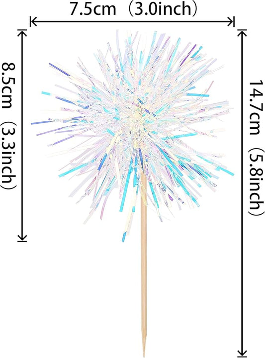 30 PCS Foil Firework Cupcake Toppers Happy Birthday Cupcake Toppers Sparkle Tinsel Flower Drink Stirrers Cocktail Fruit Toothpicks for Valentine's Day Baby Shower Party Cake Decor Supplies White