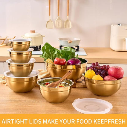 Gold Mixing Bowls With Airtight Lids,Stainless Steel Bowl,Salad Bowls 7 Piece Colorful Nesting Bowl Gold Kitchen Accessories,Size 7,3.6,2.7,2.1,1.5,1.1,0.8QT Stackable Design