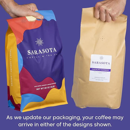 Sarasota Coffee Ground Chocolate Raspberry | Medium Roast Gourmet Flavored Coffee Grounds | Low Acid, Mold Free, Specialty Grade Flavored Bulk Ground Coffee | 5lb (80 oz)
