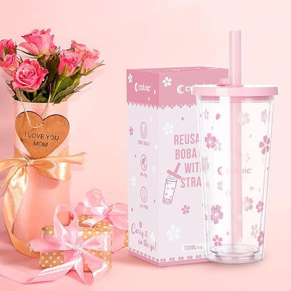 Reusable Plastic Boba Cup With Lids And Straws, 24Oz/700ml Smoothie Cups, Iced Coffee Cup, Leakproof Kawaii Cup, Boba Tumbler With Boba Reusable Straw,Double Wall Clear Bubble Tea Cup
