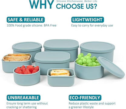 100% Silicone Food Storage Containers with Lids, 8 Pack, 10oz to 51oz, Reusable Leakproof Nesting & Stackable Silicone Bento Lunch Box, Microwave Freezer Dishwasher Oven Safe, BPA Free, Slate Green