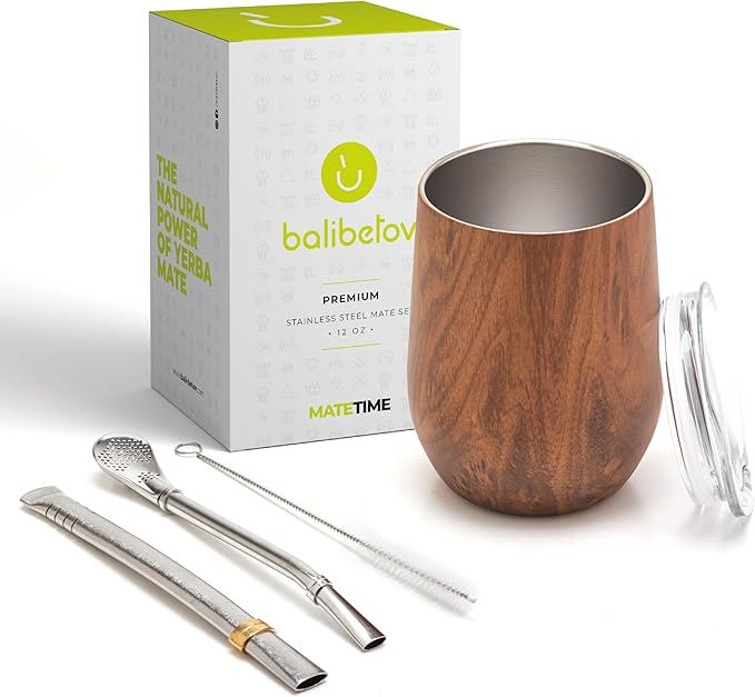 BALIBETOV Premium Stainless Steel Yerba Mate Gourd Set, 5 Pcs Including 12 oz Gourd with Lid, 2 Bombillas, Cleaning Brush | BPA Free, Insulated
