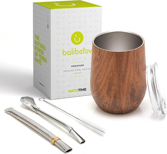 BALIBETOV Premium Stainless Steel Yerba Mate Gourd Set, 5 Pcs Including 12 oz Gourd with Lid, 2 Bombillas, Cleaning Brush | BPA Free, Insulated