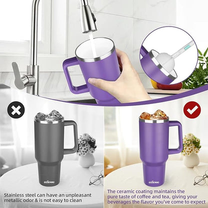 40 oz Insulated Coffee Mug with Ceramic Coating, Stainless Steel Travel Mug Tumbler with Handle Lid and Straw, Double Wall Leak-Proof Coffee Travel Mug Keeps Drink Hot and Cold (Purple)