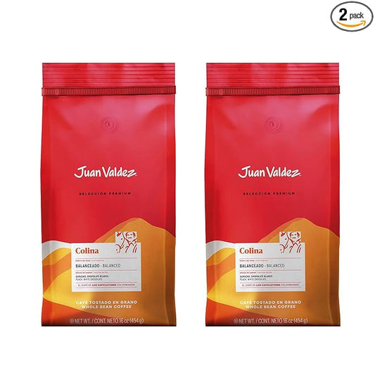 Juan Valdez Colina Whole Bean Coffee, Balanced Roast 16 OZ - Premium Colombian Coffee - Unique “Caracolito” beans produce a coffee of balanced flavor and mild texture (Pack of 2)