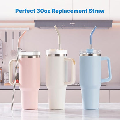 Repeatable Metal Straw with Silicone Tips for 30 oz Stanley Tumbler, 2 Pcs 30 oz Stainless Steel Straws Replacement for Stanley Tumbler, 1 Straw Brush, BPA Free（Fuchsia Red）