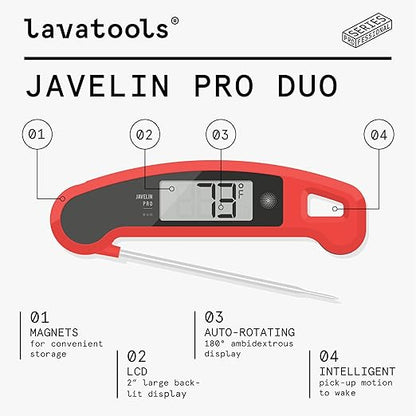 Lavatools Javelin® PRO Duo Ultra-Fast 2-Second Professional Digital Instant Read Meat Thermometer for Grill and Cooking, Auto-Rotating Backlit Display, IP65 Water Resistant – Ink