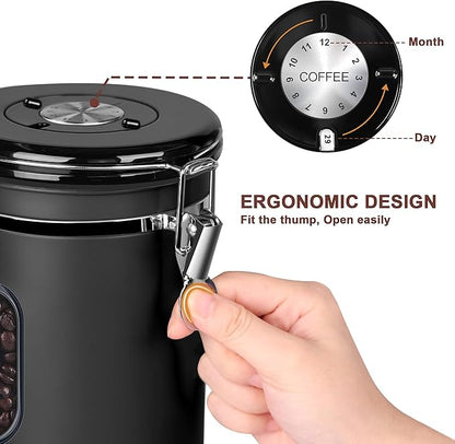 1500ML Airtight Coffee Canister with Date Tracker&Transparent Window, 18OZ Coffe Beans Storage with 30ML Measure Spoon&4 co2 Valve, Coffee Container for Grounds Coffee, Beans, Tea, Sugar, Flour(Black)