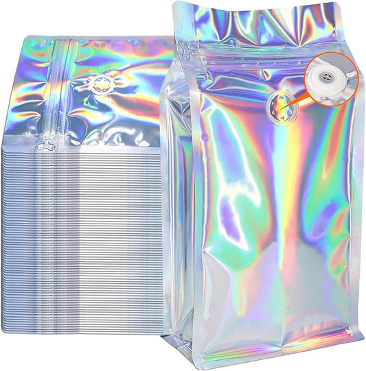 Coffee Bags with Valve (50 PCS,16oz/1lb) Holographic High Barrier Aluminum Foil Flat Bottom Standing Coffee Beans Storage Packaging Bags, Reusable Heat Seal Side Zipper Pouches for Small Business