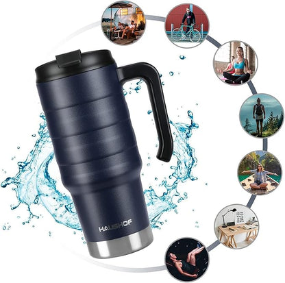 HAUSHOF 24 oz Travel Mug, Stainless Double Wall Vacuum Insulated Tumbler with Handle & Spill Proof Twist On Flip Lid and Wide Mouth, BPA Free (Navy Blue)