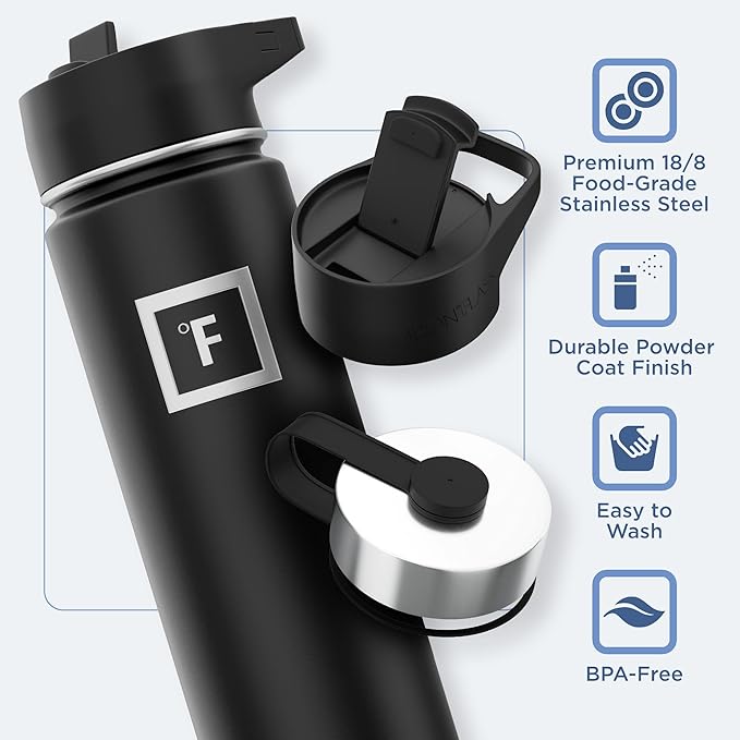 IRON °FLASK Camping & Hiking Hydration Flask with 3 Lids - Stainless Steel, Double Walled & Vacuum Insulated Water Bottle - Leak Proof & BPA Free (Sage, Straw - 22 oz)