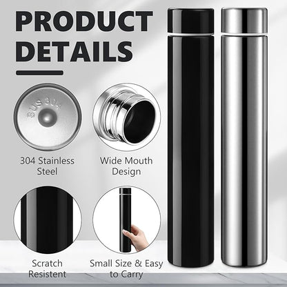 Vesici Slim Water Bottle 8.8 oz Small Stainless Steel Purse Compact Insulated Water Bottles Camping Travel Backpack Pocket Flask for Car Cold Coffee Tea(Silver, Black,2 Pack)